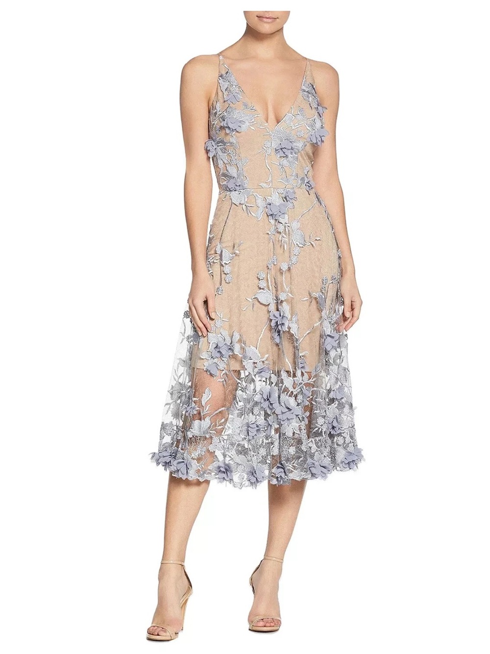 Dress the Population Audrey Light Blue 3D Floral Lace Appliqué V-Neck Midi Dress